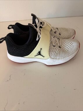 Jordan White Black Cream Basketball Sneakers with Red Outsole